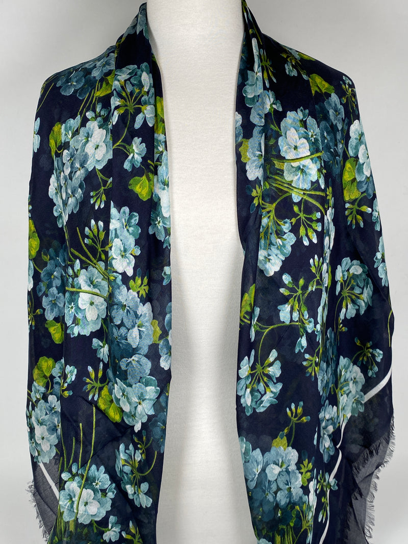 GUCCI - SILK MODAL GG BLOOMS BLUE SHAWL SCARF - NEW