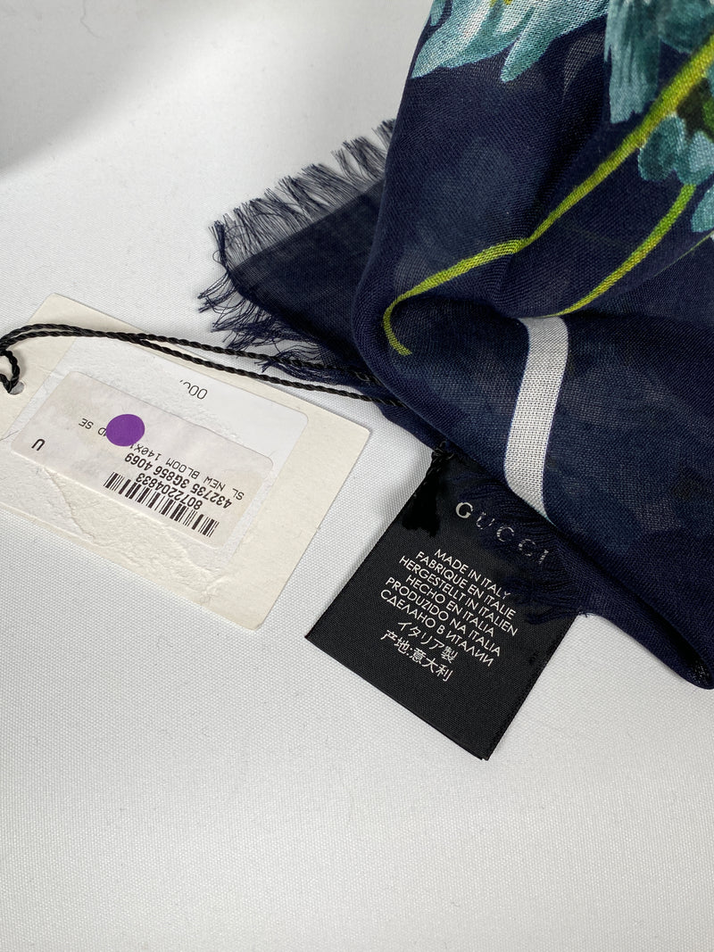 GUCCI - SILK MODAL GG BLOOMS BLUE SHAWL SCARF - NEW