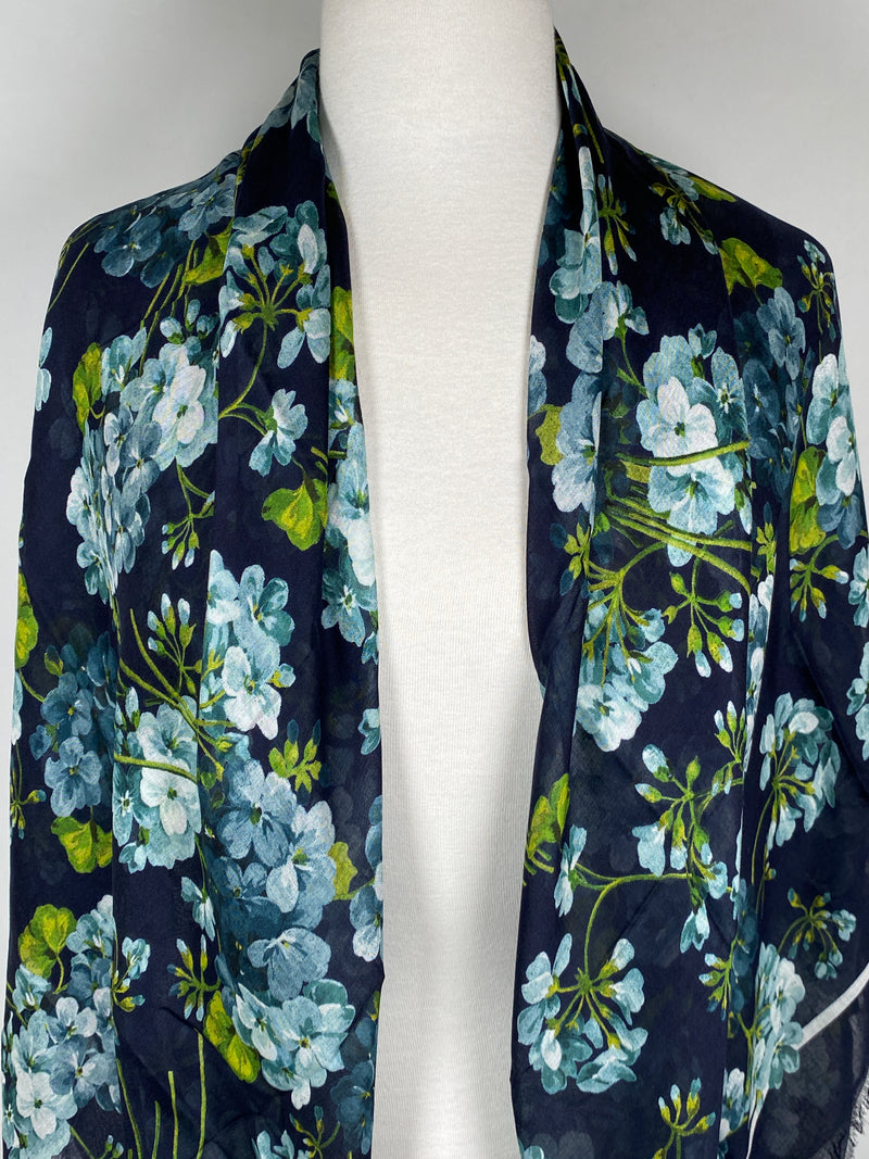 GUCCI - SILK MODAL GG BLOOMS BLUE SHAWL SCARF - NEW