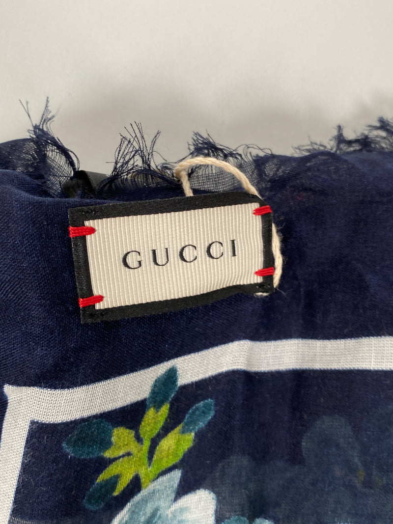 GUCCI - SILK MODAL GG BLOOMS BLUE SHAWL SCARF - NEW