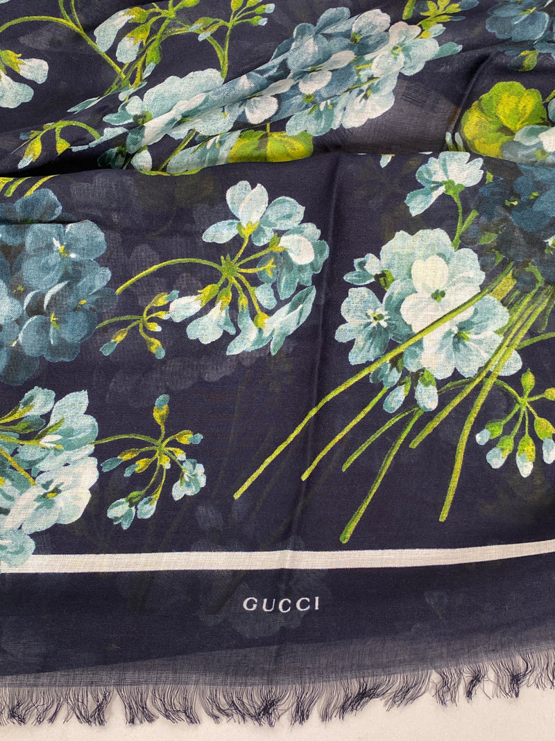 GUCCI - SILK MODAL GG BLOOMS BLUE SHAWL SCARF - NEW