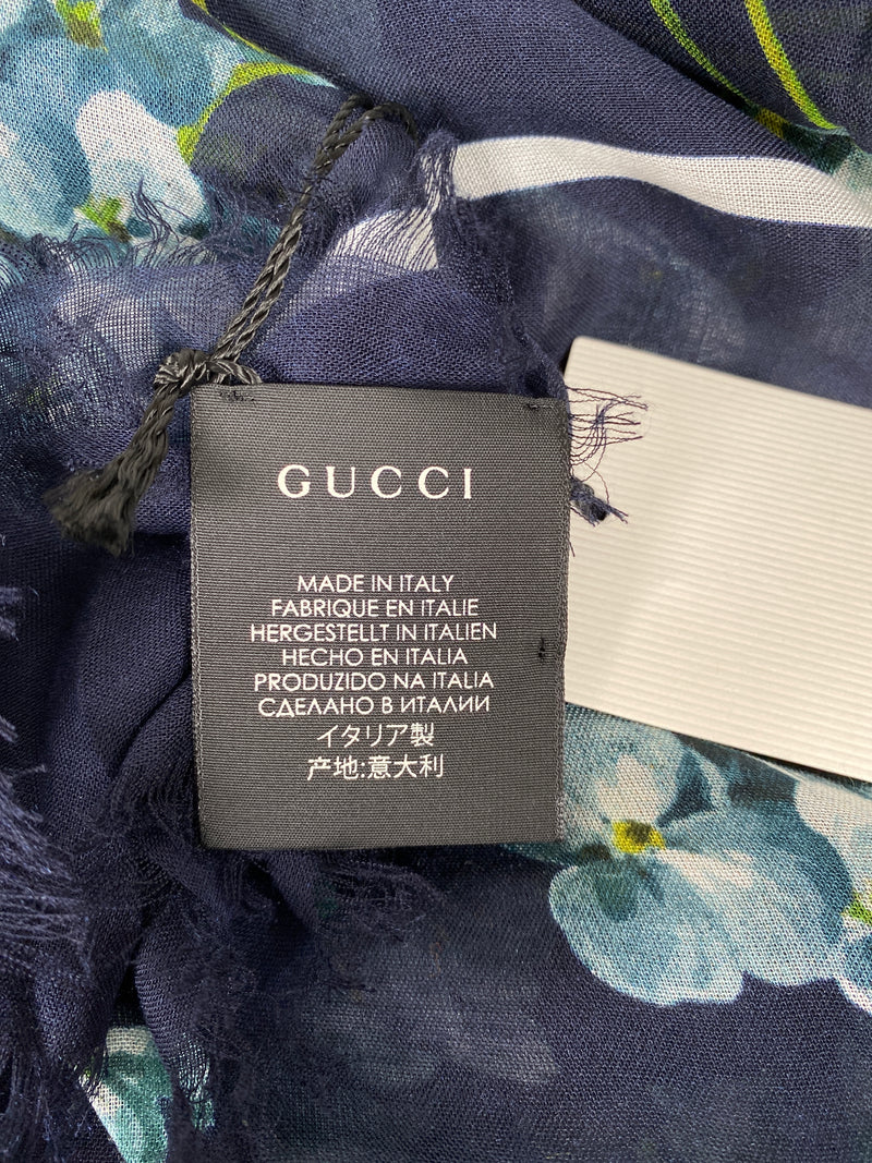 GUCCI - SILK MODAL GG BLOOMS BLUE SHAWL SCARF - NEW