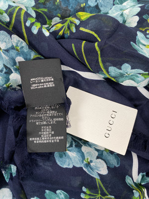 GUCCI - SILK MODAL GG BLOOMS BLUE SHAWL SCARF - NEW