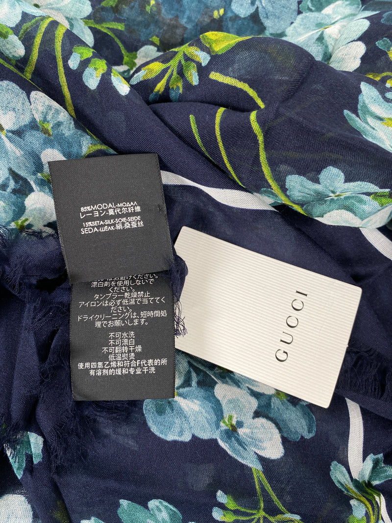 GUCCI - SILK MODAL GG BLOOMS BLUE SHAWL SCARF - NEW