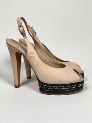 CHANEL - BEIGE LEATHER CHAIN PLATFORM SLINGBACK PUMPS - SZ 36C