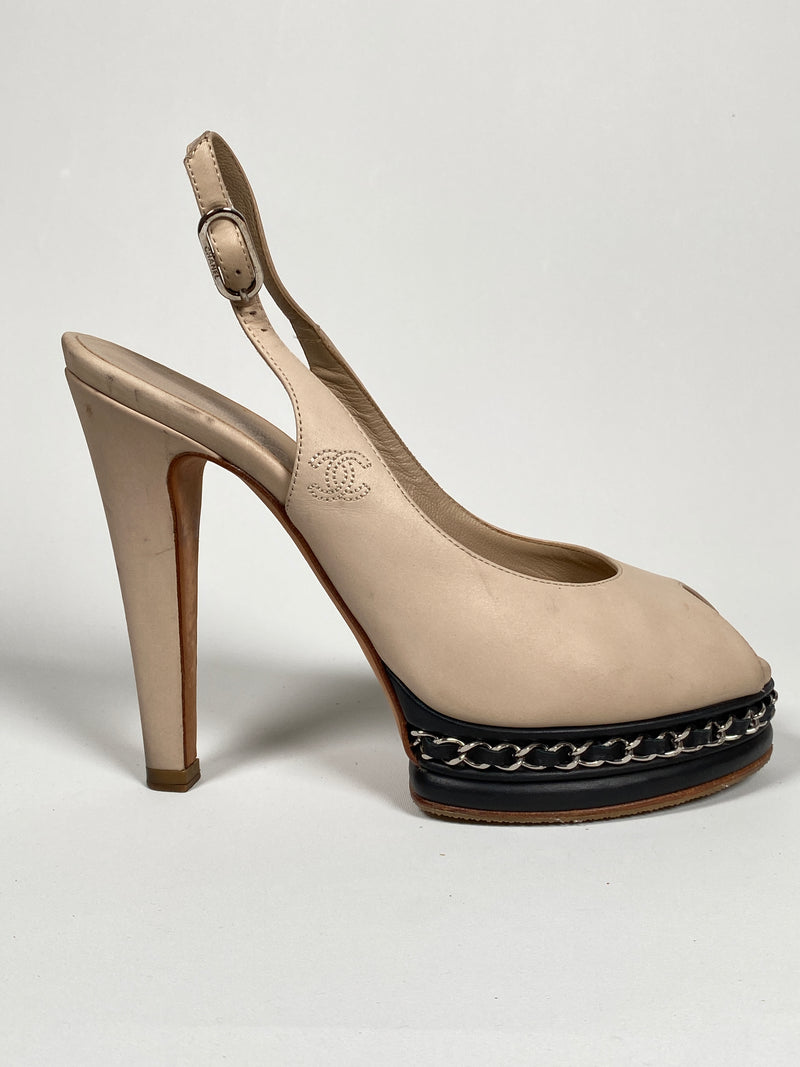 CHANEL - BEIGE LEATHER CHAIN PLATFORM SLINGBACK PUMPS - SZ 36C