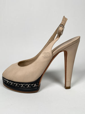 CHANEL - BEIGE LEATHER CHAIN PLATFORM SLINGBACK PUMPS - SZ 36C