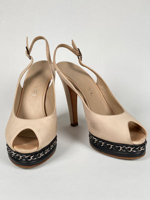 CHANEL - BEIGE LEATHER CHAIN PLATFORM SLINGBACK PUMPS - SZ 36C