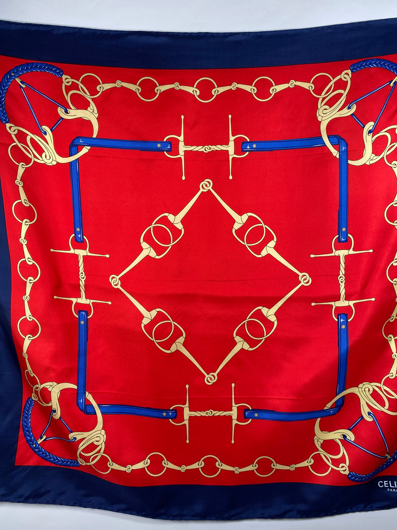 CELINE - RED & BLUE EQUESTRIAN HORSEBIT PRINT SILK SCARF - 86 CM