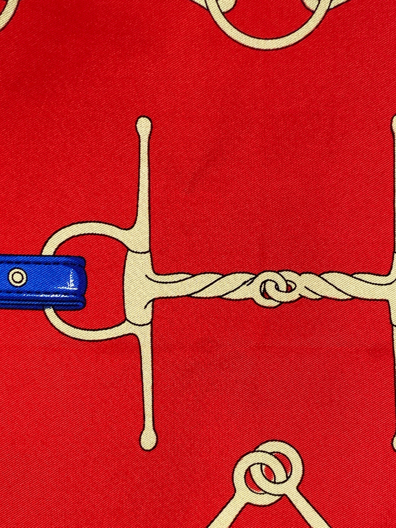 CELINE - RED & BLUE EQUESTRIAN HORSEBIT PRINT SILK SCARF - 86 CM