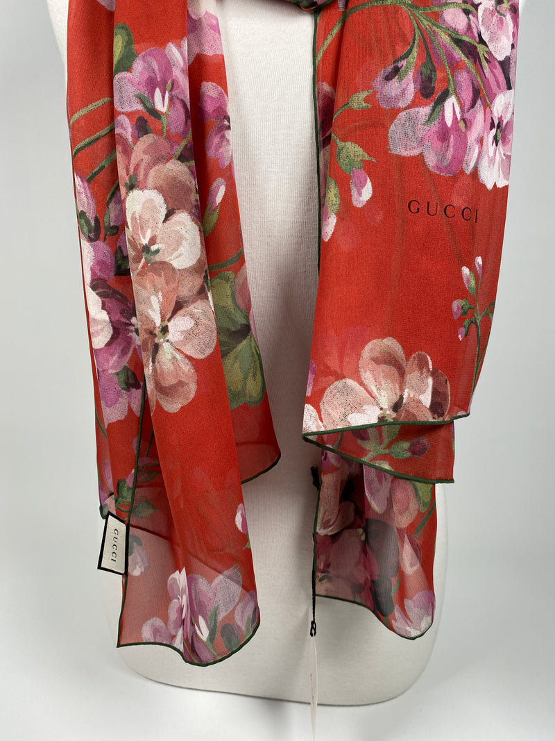 GUCCI - RED GERANIUM PRINT GEORGETTE SILK SCARF - NEW WITH TAGS