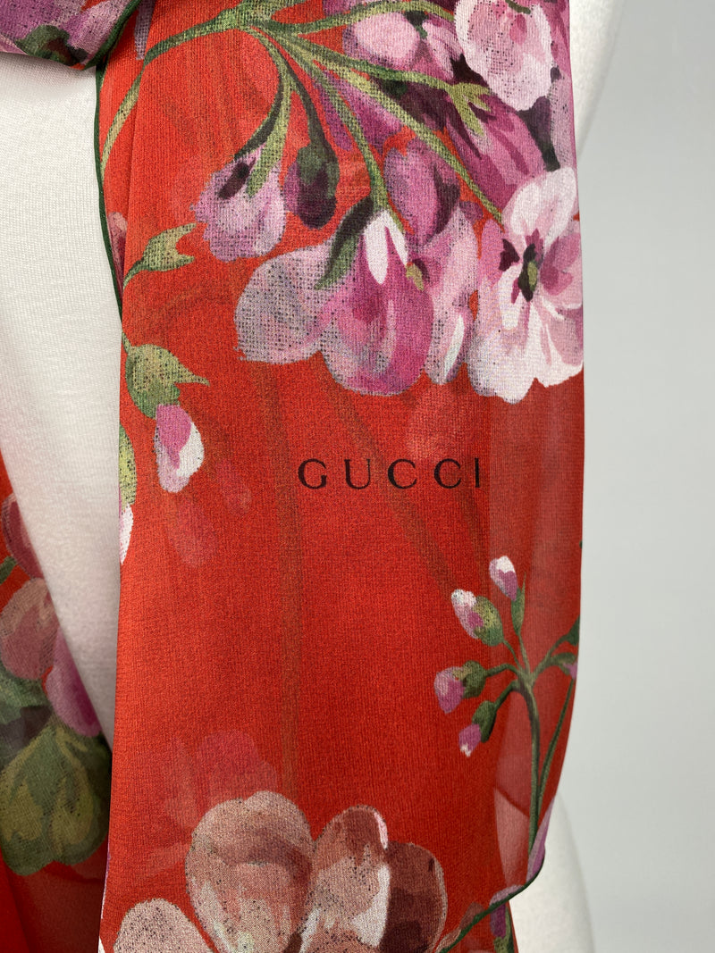 GUCCI - RED GERANIUM PRINT GEORGETTE SILK SCARF - NEW WITH TAGS
