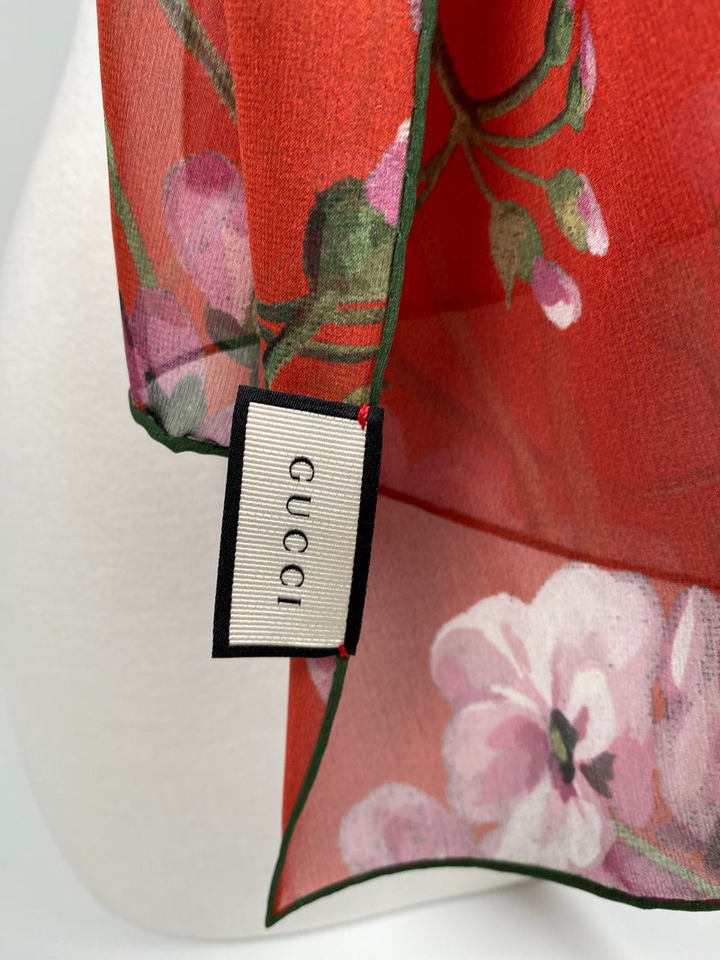 GUCCI - RED GERANIUM PRINT GEORGETTE SILK SCARF - NEW WITH TAGS