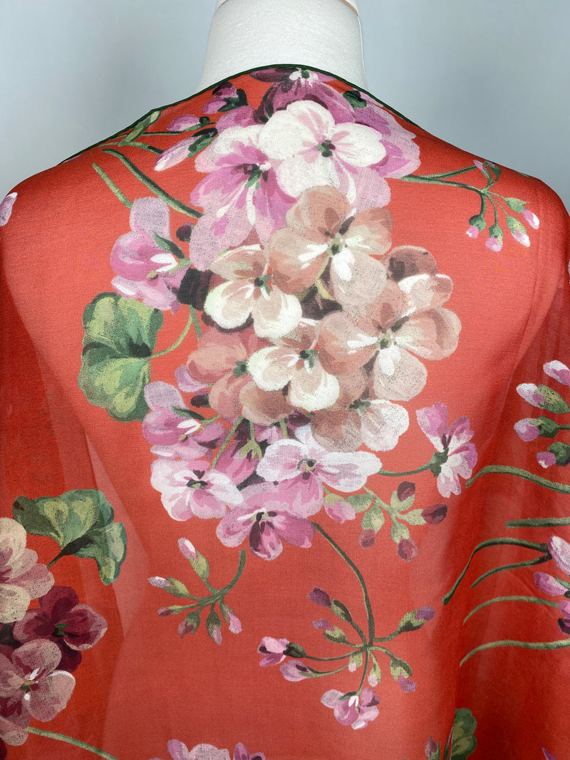 GUCCI - RED GERANIUM PRINT GEORGETTE SILK SCARF - NEW WITH TAGS