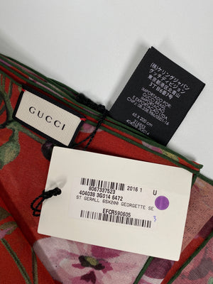 GUCCI - RED GERANIUM PRINT GEORGETTE SILK SCARF - NEW WITH TAGS