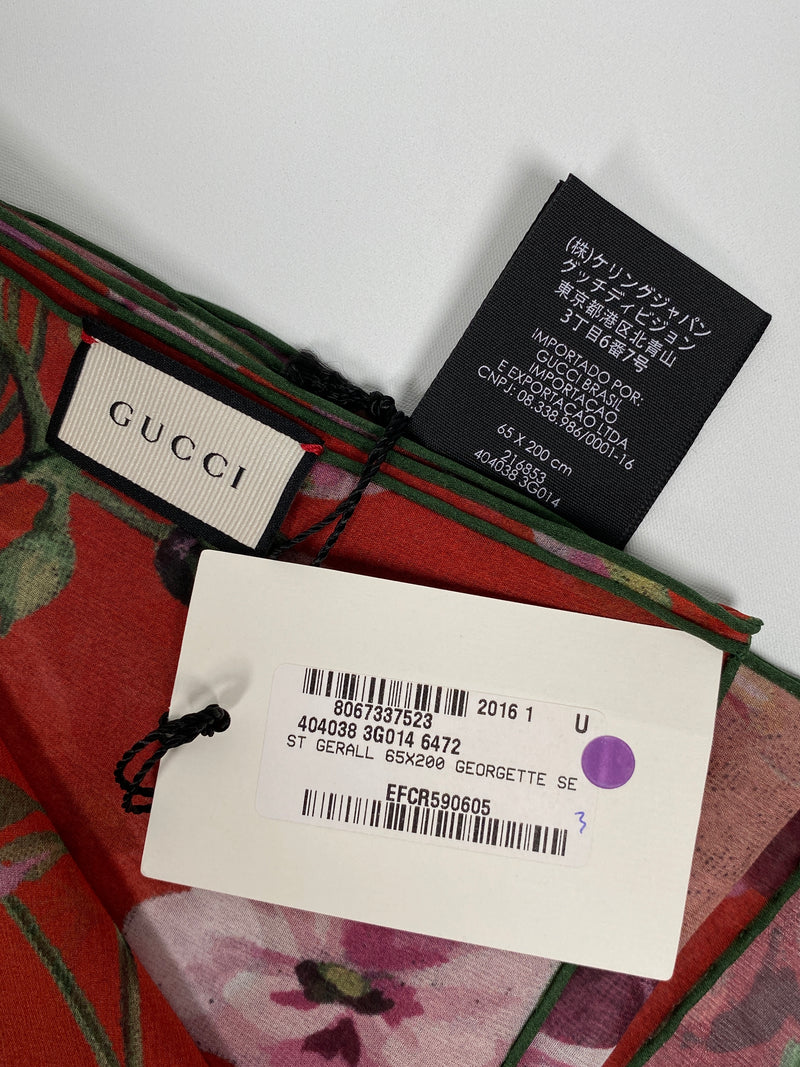 GUCCI - RED GERANIUM PRINT GEORGETTE SILK SCARF - NEW WITH TAGS