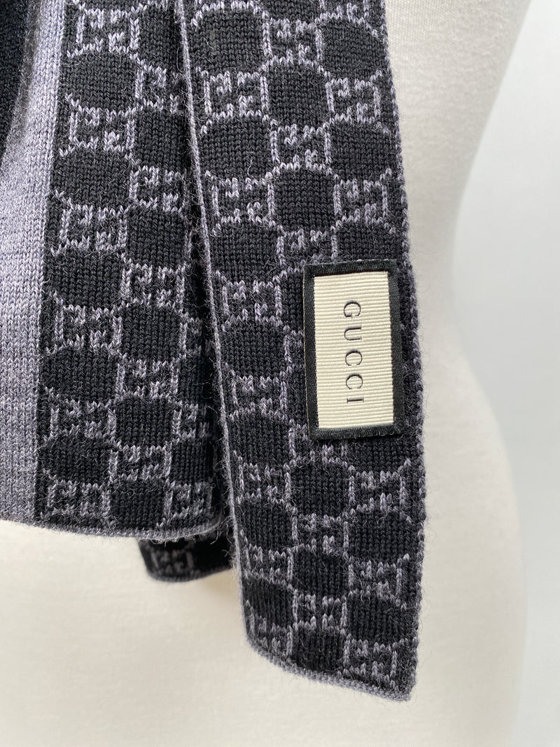 GUCCI - BLACK GREY GG MONOGRAM WEB STRIPE WOOL SCARF