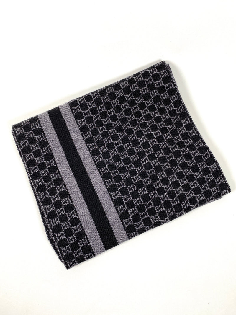 GUCCI - BLACK GREY GG MONOGRAM WEB STRIPE WOOL SCARF