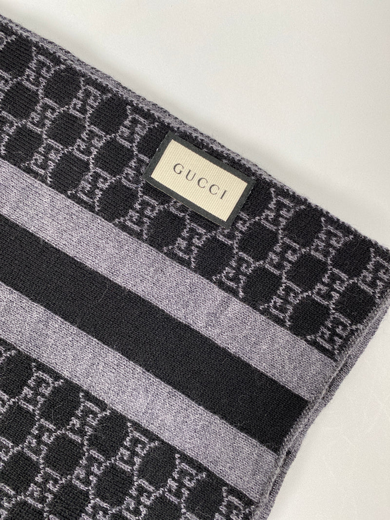 GUCCI - BLACK GREY GG MONOGRAM WEB STRIPE WOOL SCARF
