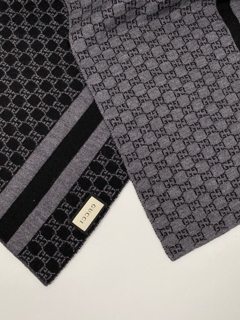 GUCCI - BLACK GREY GG MONOGRAM WEB STRIPE WOOL SCARF