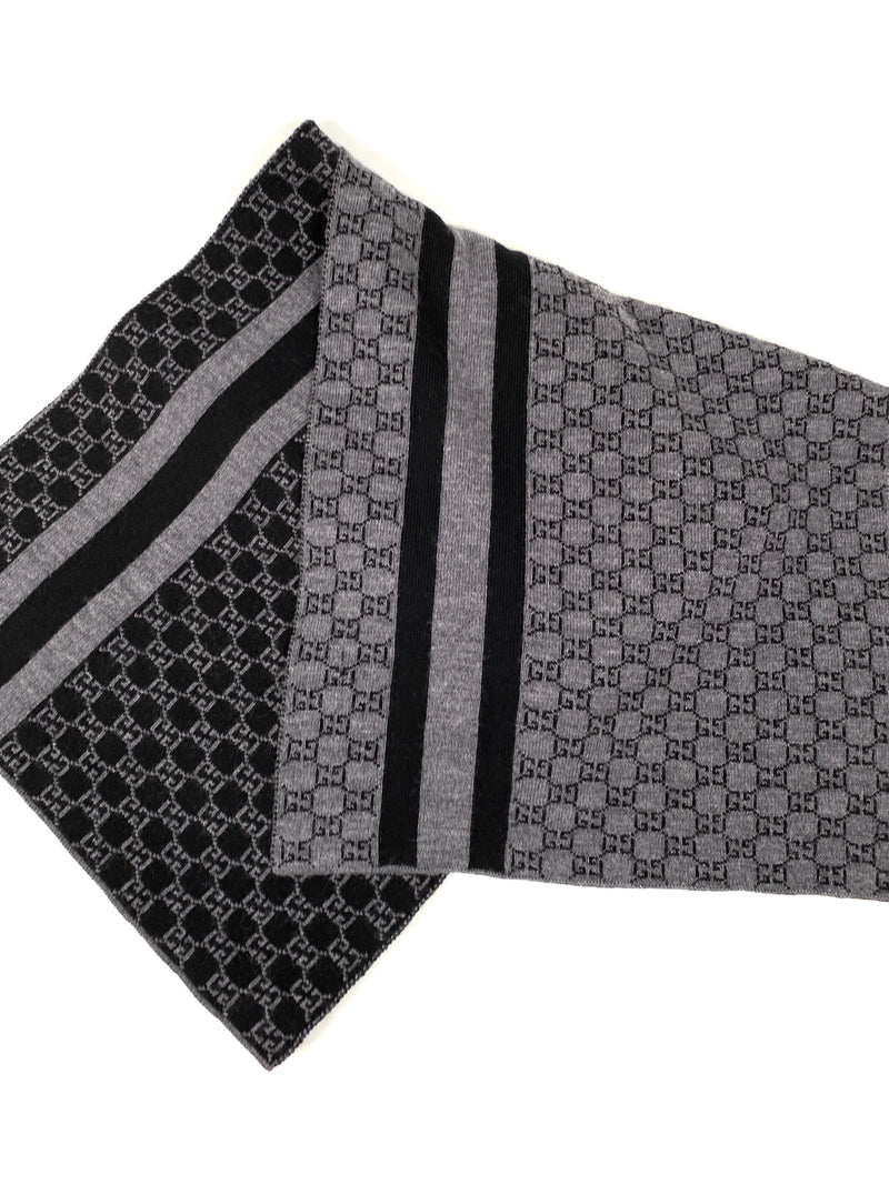GUCCI - BLACK GREY GG MONOGRAM WEB STRIPE WOOL SCARF