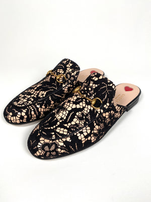 GUCCI - PRINCETOWN BLACK LACE LEATHER SLIPPERS MULES - SZ 39.5 - NEW IN BOX