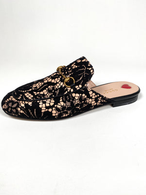 GUCCI PRINCETOWN BLACK LACE LEATHER SLIPPERS MULES SZ 39.5