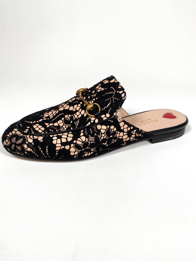 GUCCI - PRINCETOWN BLACK LACE LEATHER SLIPPERS MULES - SZ 39.5 - NEW IN BOX