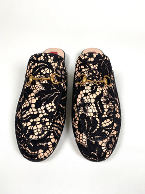 GUCCI - PRINCETOWN BLACK LACE LEATHER SLIPPERS MULES - SZ 39.5 - NEW IN BOX
