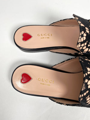 GUCCI - PRINCETOWN BLACK LACE LEATHER SLIPPERS MULES - SZ 39.5 - NEW IN BOX