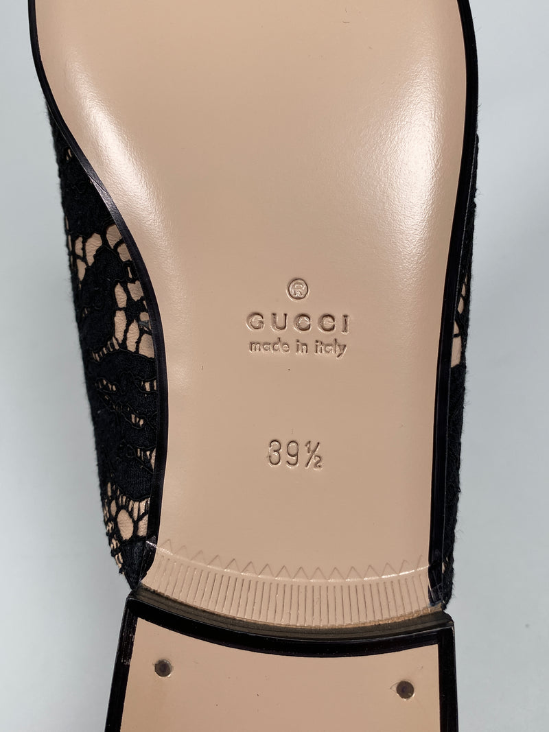 GUCCI - PRINCETOWN BLACK LACE LEATHER SLIPPERS MULES - SZ 39.5 - NEW IN BOX