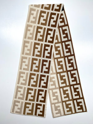 FENDI - FF KNIT SCARF 100% WOOL CREAM BEIGE BROWN - 166 x 25 CM