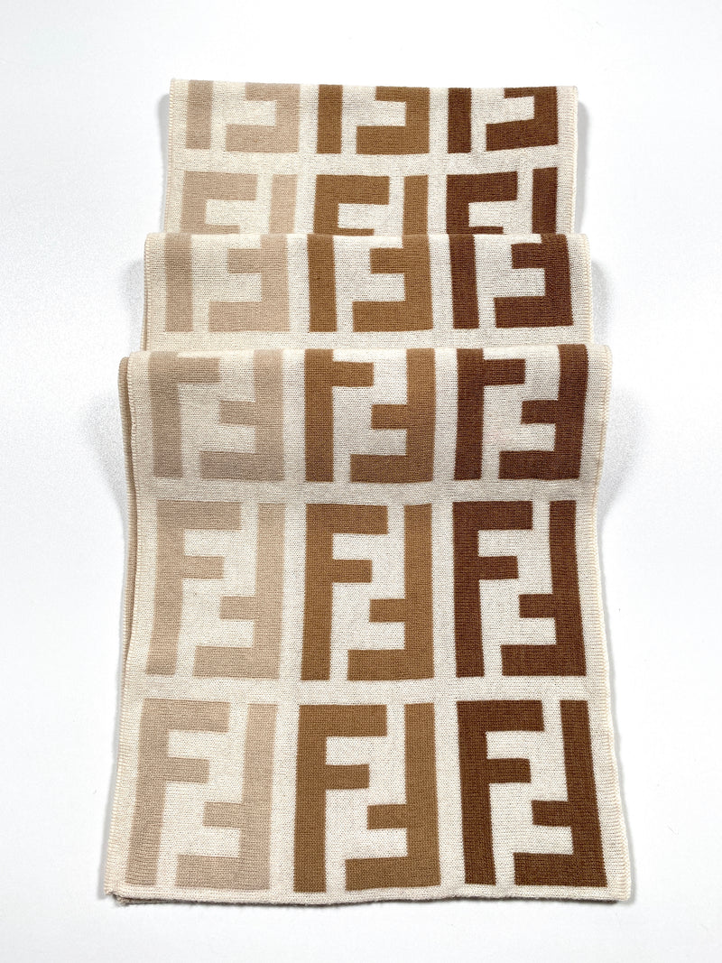 FENDI - FF KNIT SCARF 100% WOOL CREAM BEIGE BROWN - 166 x 25 CM