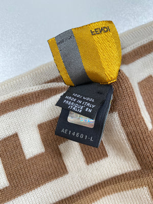 FENDI - FF KNIT SCARF 100% WOOL CREAM BEIGE BROWN - 166 x 25 CM