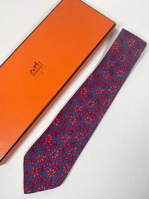 HERMES - BLUE, ORANGE & RED GEO PATTERN 100% SILK TWILL NECK TIE