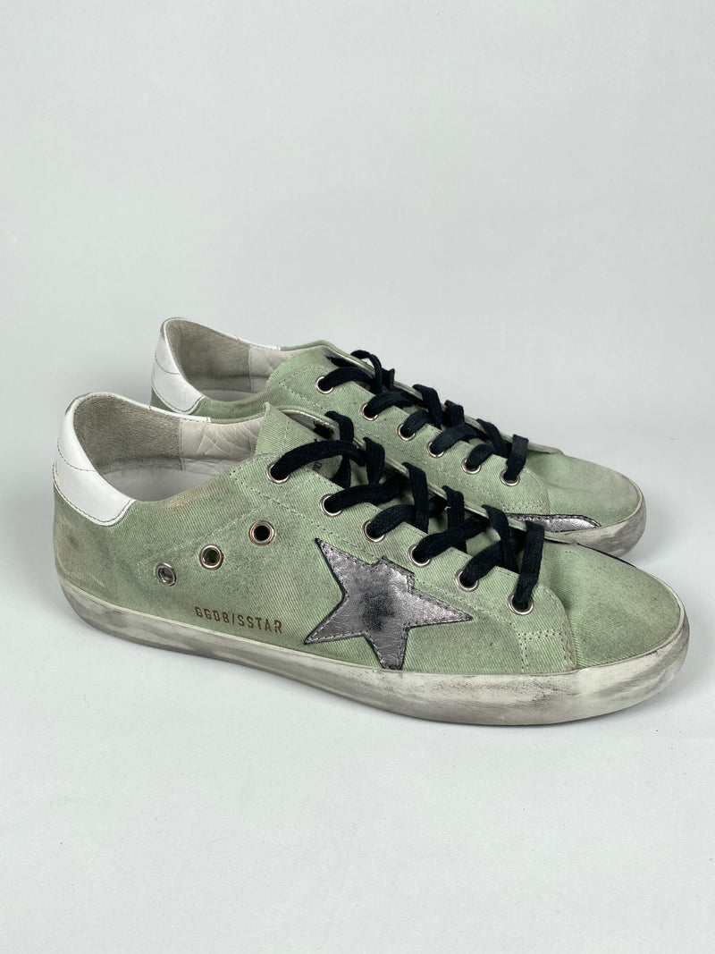 GOLDEN GOOSE - SUPERSTAR SNEAKER GREEN CANVAS SILVER STAR - SZ 39 - NEW