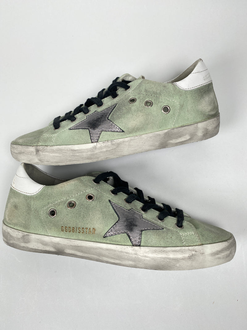 GOLDEN GOOSE - SUPERSTAR SNEAKER GREEN CANVAS SILVER STAR - SZ 39 - NEW