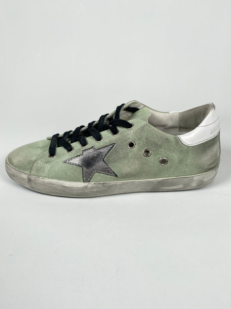 GOLDEN GOOSE - SUPERSTAR SNEAKER GREEN CANVAS SILVER STAR - SZ 39 - NEW