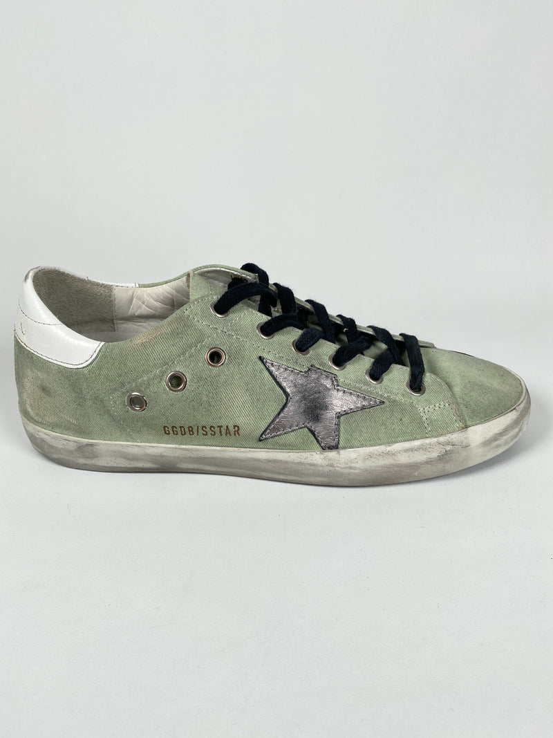 GOLDEN GOOSE - SUPERSTAR SNEAKER GREEN CANVAS SILVER STAR - SZ 39 - NEW