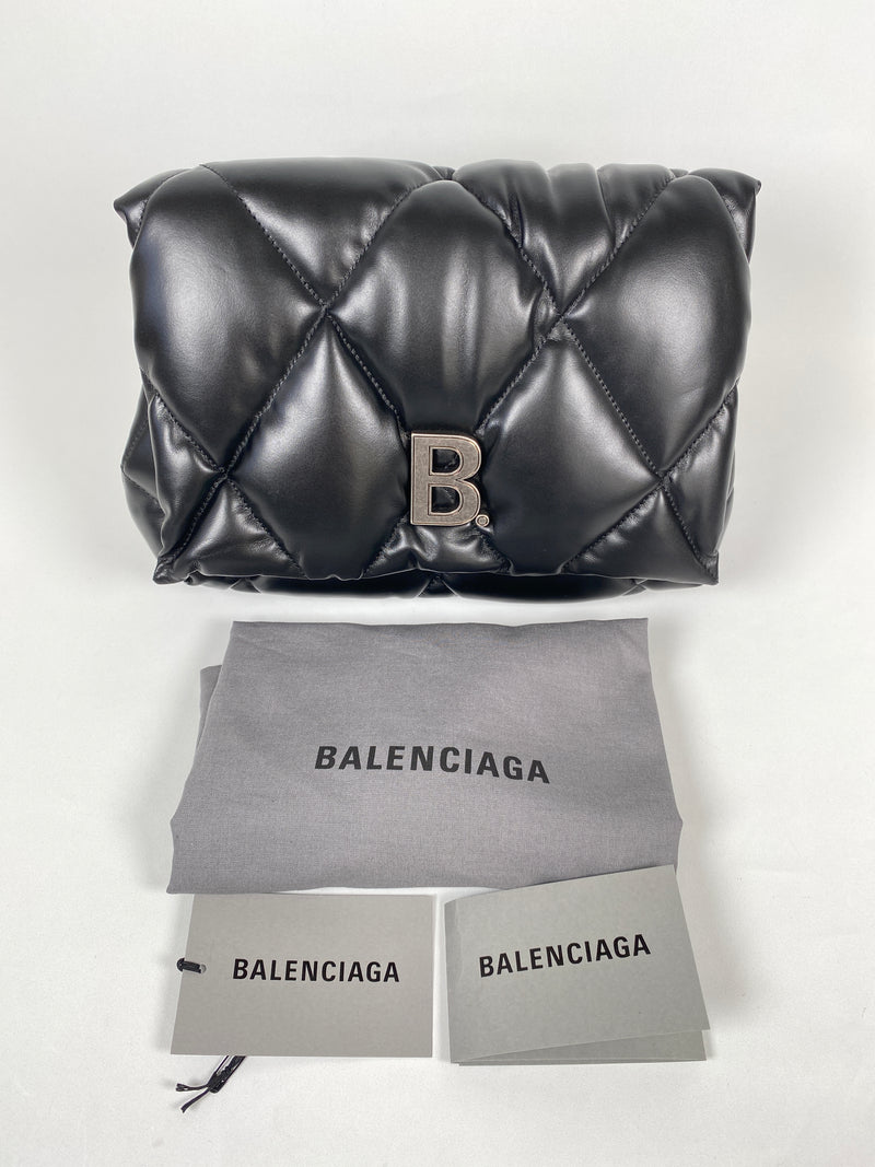 BALENCIAGA - TOUCH PUFFY QUILTED BLACK LEATHER CLUTCH BAG - NEW