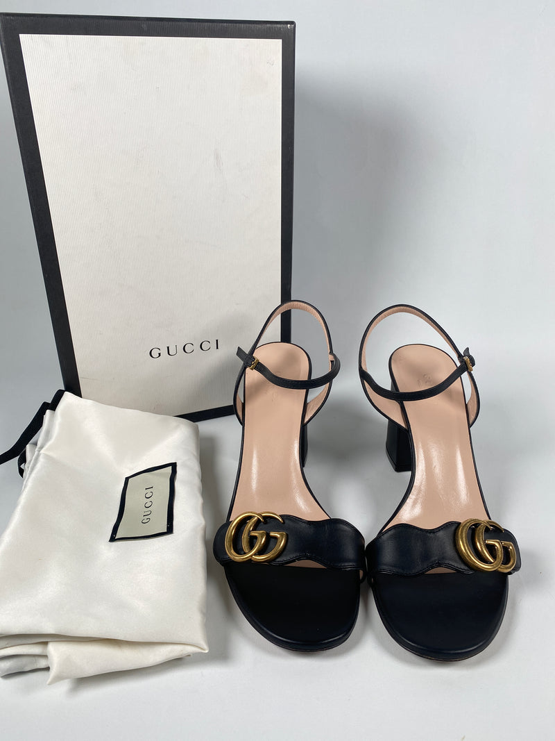 GUCCI - GG MARMONT BLACK LEATHER MID HEEL SANDALS - SZ EUR 38.5