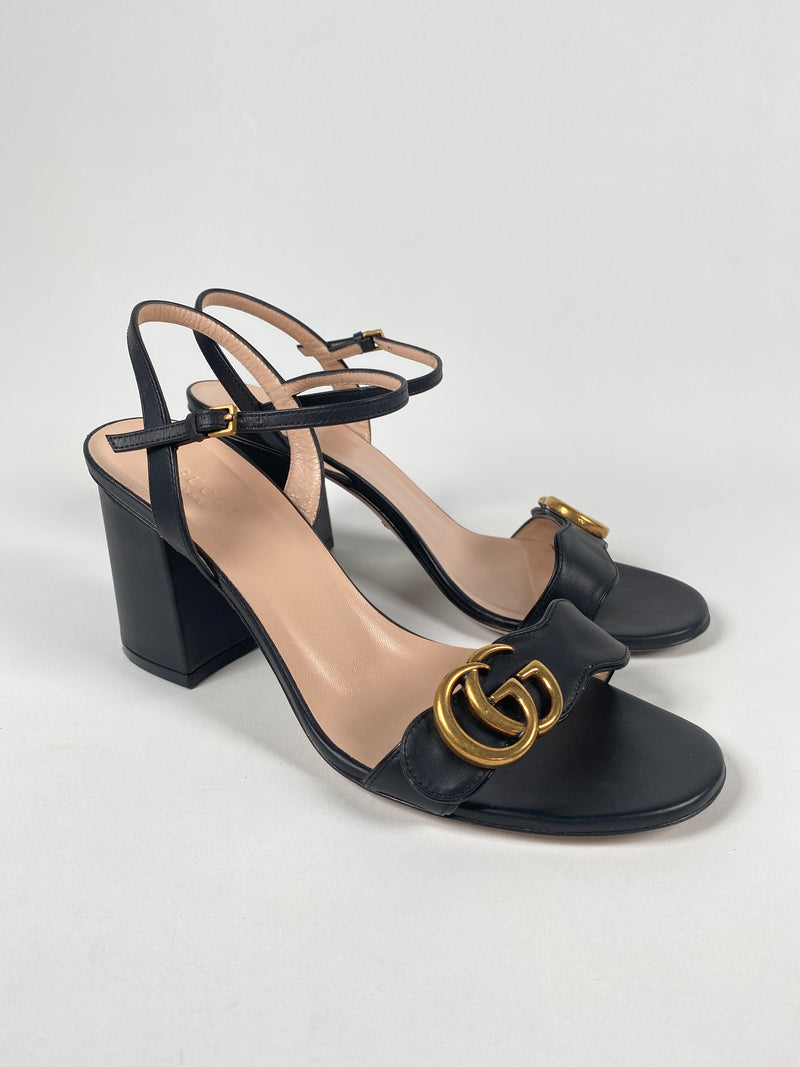 GUCCI - GG MARMONT BLACK LEATHER MID HEEL SANDALS - SZ EUR 38.5