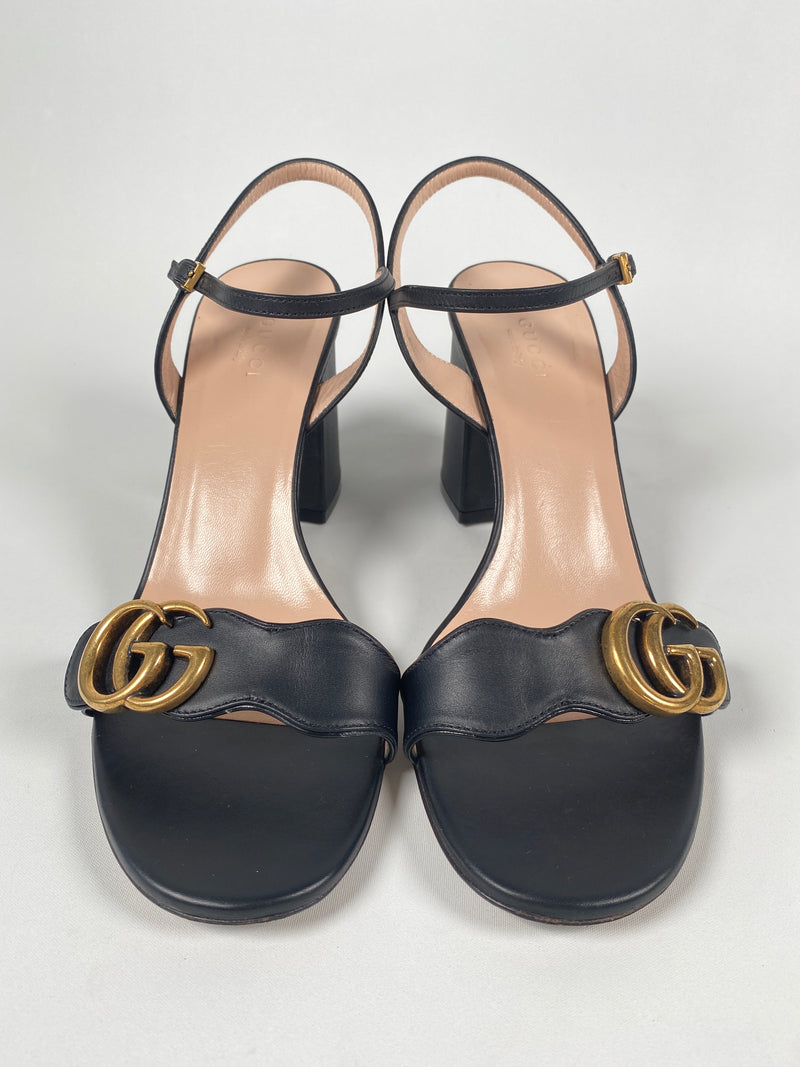 GUCCI - GG MARMONT BLACK LEATHER MID HEEL SANDALS - SZ EUR 38.5