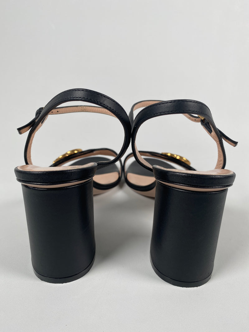 GUCCI - GG MARMONT BLACK LEATHER MID HEEL SANDALS - SZ EUR 38.5