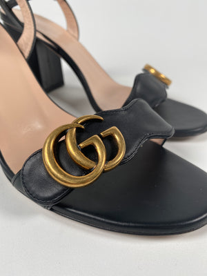 GUCCI - GG MARMONT BLACK LEATHER MID HEEL SANDALS - SZ EUR 38.5