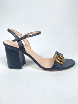 GUCCI - GG MARMONT BLACK LEATHER MID HEEL SANDALS - SZ EUR 38.5