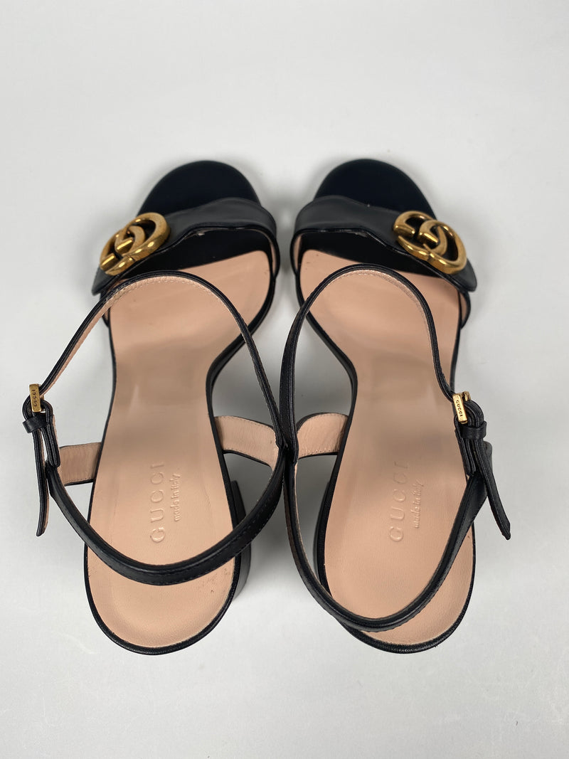 GUCCI - GG MARMONT BLACK LEATHER MID HEEL SANDALS - SZ EUR 38.5