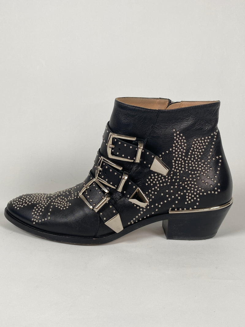 CHLOE - SUSANNA SILVER BLACK LEATHER ANKLE BOOTS - SZ EUR 38