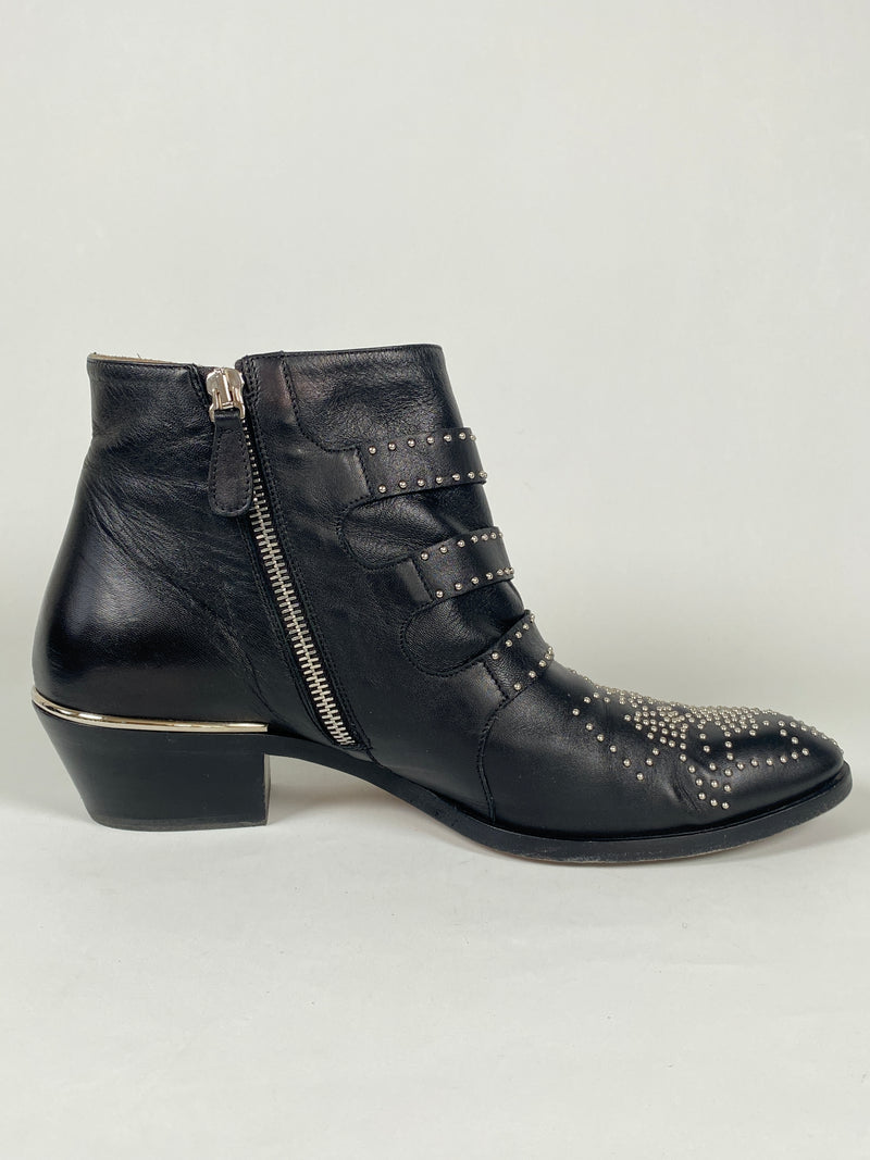 CHLOE - SUSANNA SILVER BLACK LEATHER ANKLE BOOTS - SZ EUR 38