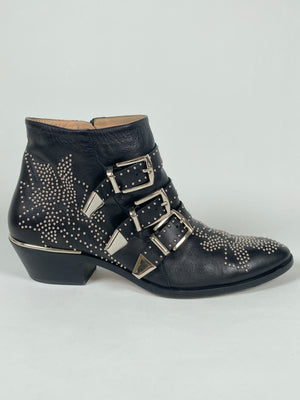 CHLOE - SUSANNA SILVER BLACK LEATHER ANKLE BOOTS - SZ EUR 38